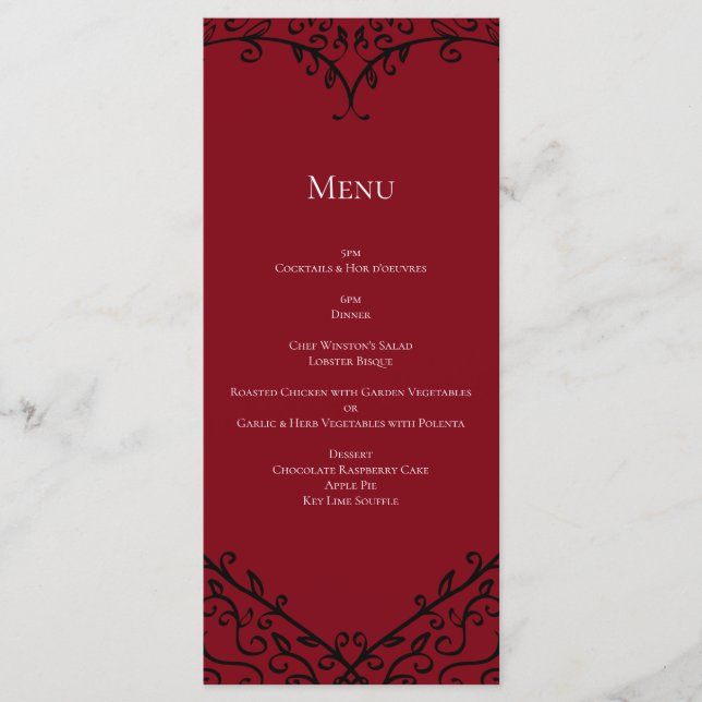 Menu Casamento Gótico do Coração Vermelho e Negro (Frente)