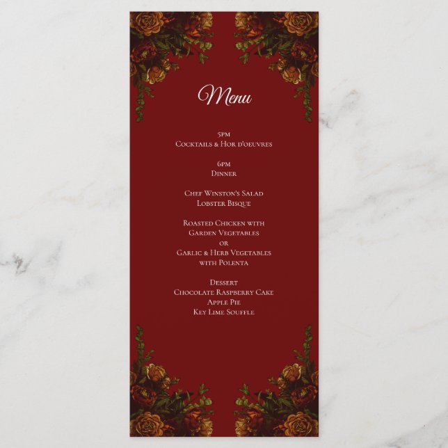 Menu Casamento Gótico Elegante de Queda Vermelha Laranj (Frente)