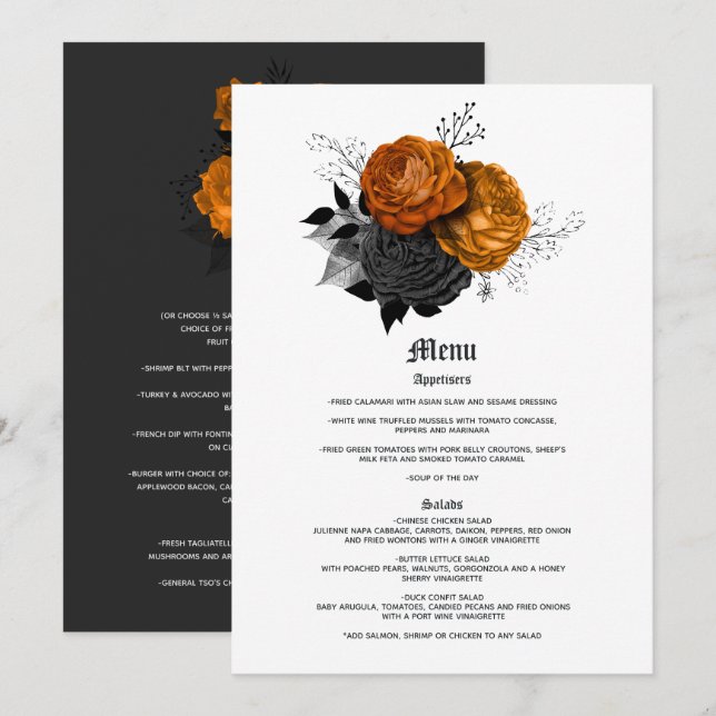 Menu Casamento Gótico Elegante Laranja e Preto (Frente/Verso)