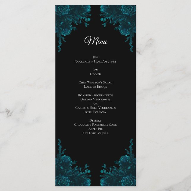 Menu Casamento Gótico Negro Rosa Teal (Frente)