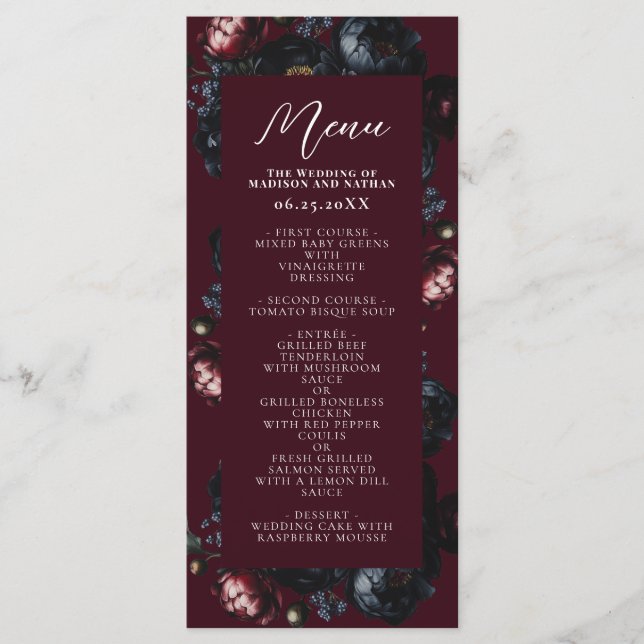 Menu Casamento Gótico Romântico de Peônias Negras Verme (Frente)