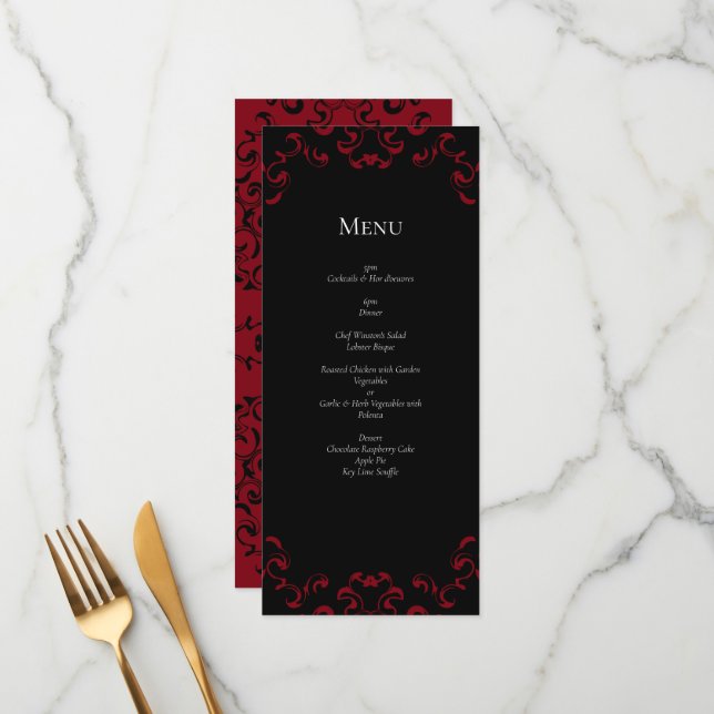 Menu Casamento Gótico Vermelho e Negro (Frente/Verso In Situ)