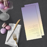 Menu Casamento Gradiente de Humor Indigo Sunset ID741<br><div class="desc">O pano de fundo das peças neste conjunto minimalista de casamento é um gradiente de cores que chama a atenção do índio através do pêssego e do amarelo pálido. O cartão de menu de casamento mostrado aqui apresenta um layout moderno e elegante e fonte de sans serif contemporânea para acrescentar...</div>
