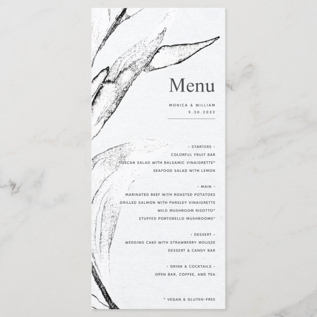 Menu Casamento gráfico branco e preto moderno com folha (Frente)