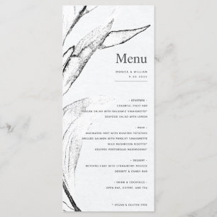 Menu Casamento gráfico branco e preto moderno com folha