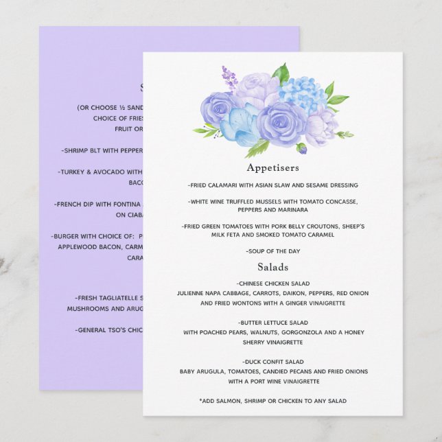 Menu Casamento Hortênsia Azul e Lavanda Clara (Frente/Verso)