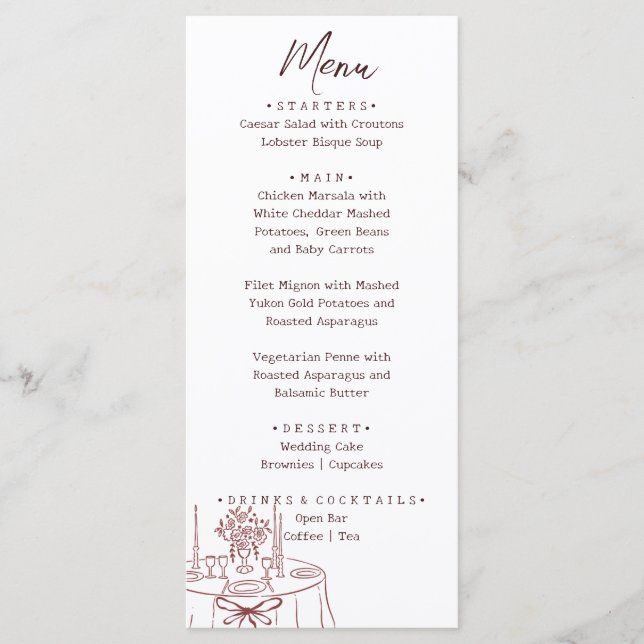 Menu Casamento Ilustrado Branco Caprichoso  (Frente)