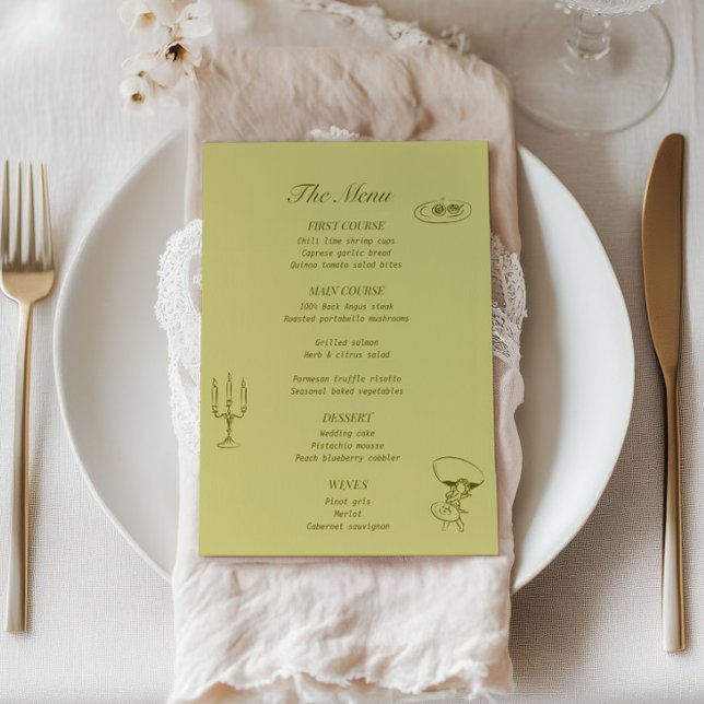 Menu Casamento Ilustrado Chartreuse Olive Green (Criador carregado)