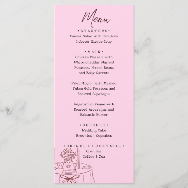 Menu Casamento Ilustrado com Desenho à Mão Rosa Caprich (Frente)