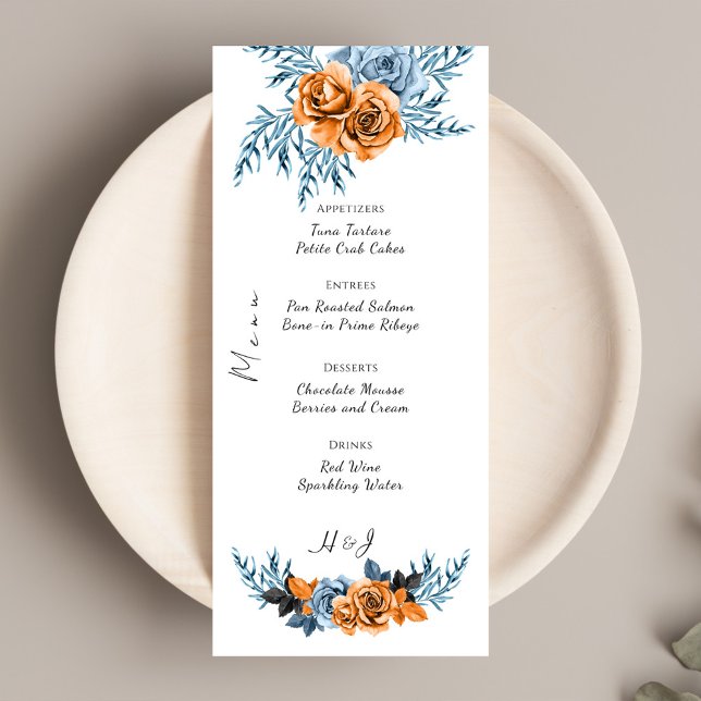 Menu Casamento Indigo Rust Boho Floral Watercolor (Criador carregado)