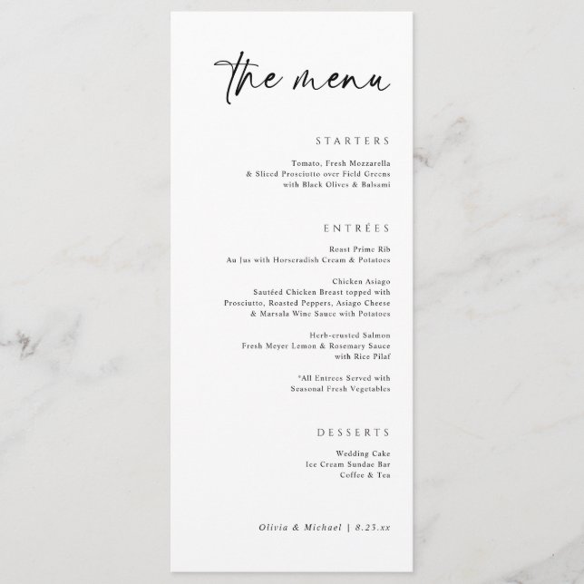 Menu Casamento Jantar Escrita Moderna e Elegante (Frente)