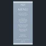 Menu Casamento Janto Monograma Mínimo Elegante Azul Dus<br><div class="desc">Um menu de janto de casamento azul-marinho e branco elegante minimalista com gibi azul-claro. Que apresenta modelo design de chic de fundo azul empoeirado e tipografia branca. E monograma ou iniciais no topo e listras brancas no fundo e no topo.</div>