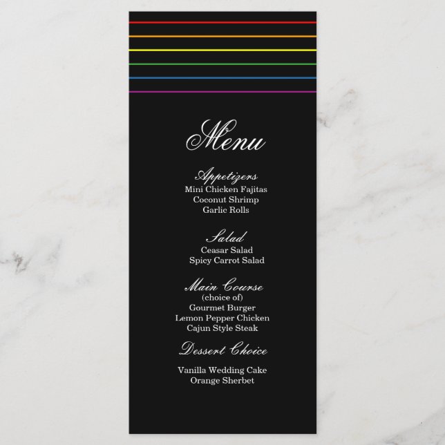 Menu Casamento LGBT de Cores do Orgulho Pinstripe (Frente)