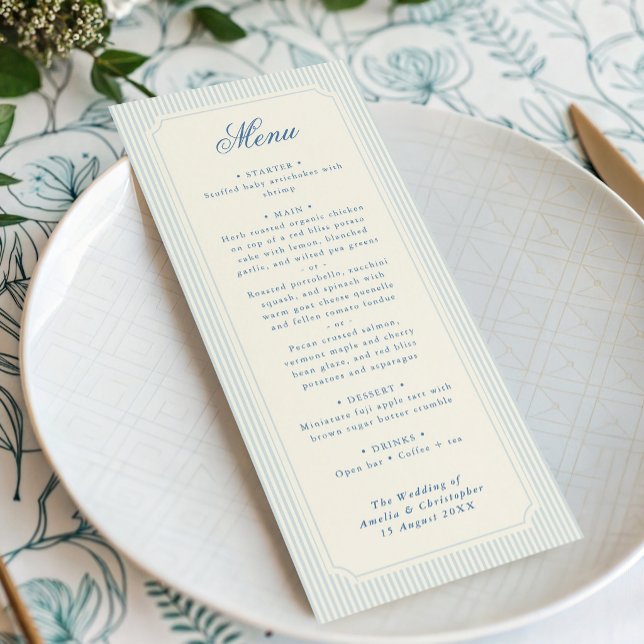 Menu Casamento Listras Azuis Claras Clássicas (classic light blue stripes wedding menu with timeless typography)