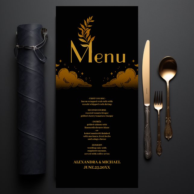 Menu Casamento Lua Nuvens Douradas Místicas Elegantes (Criador carregado)