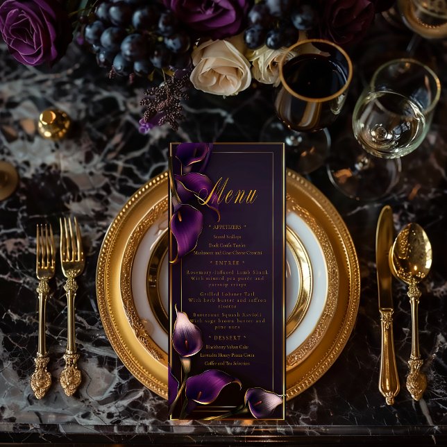 Menu Casamento Luxuoso de Lírio-de-Calla Roxo e Dourado (Luxe Elegant Violet Purple Calla Lily Wedding Menu )