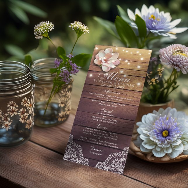 Menu Casamento Luzes de Cordas Florais de Madeira  (Criador carregado)