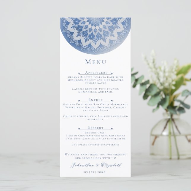 Menu Casamento Mandala de Renda Azul (Em pé/Frente)