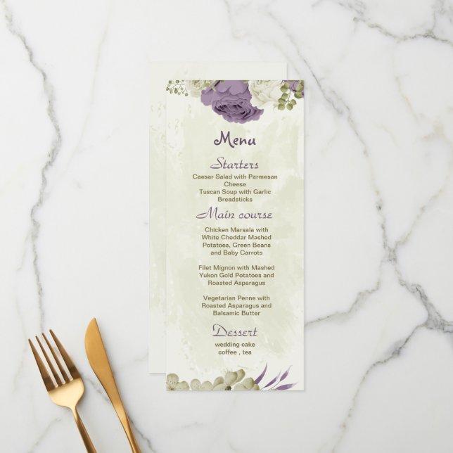 Menu casamento mauve de flores brancas verde (Frente/Verso In Situ)