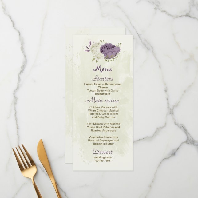 Menu casamento mauve de flores brancas verde (Frente/Verso In Situ)