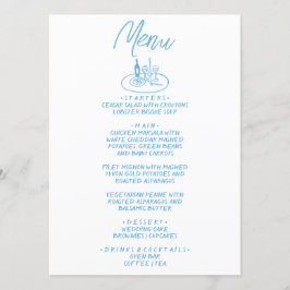 Menu Casamento mediterrânico Desenho à Manuscrita Azul 