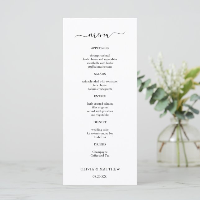 Menu Casamento Minimalista Clássico Branco Elegante (Em pé/Frente)