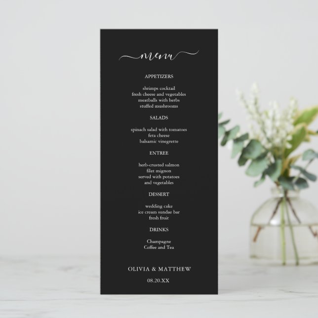 Menu Casamento Minimalista Clássico Negro Elegante (Em pé/Frente)