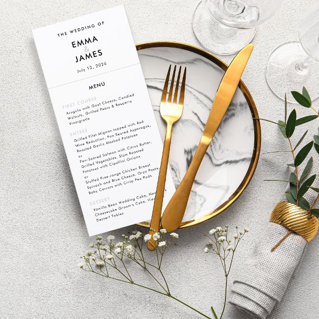 Menu Casamento Minimalista com E comercial | Código QR  (Personalize each line of minimalist menu with text to match your full reception offerings.)