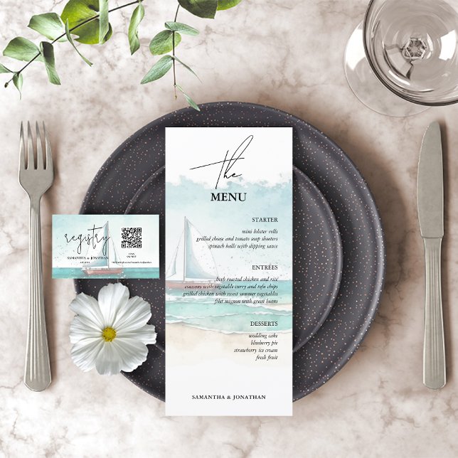 Menu Casamento minimalista de água e praia (Criador carregado)