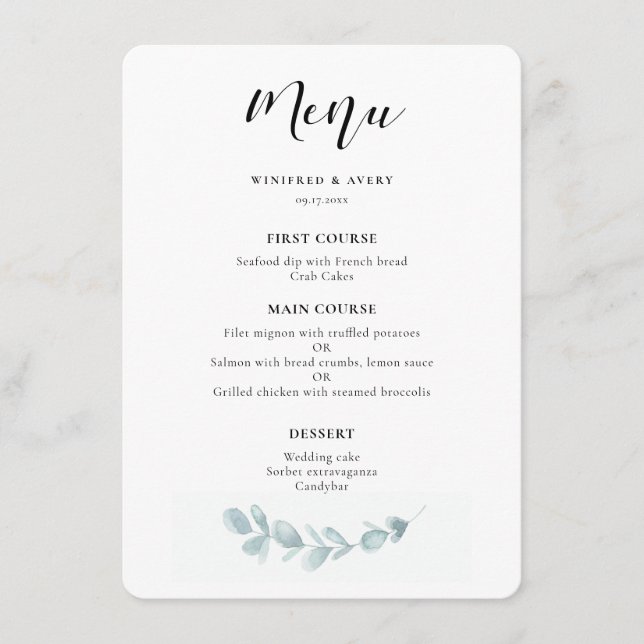 Menu Casamento minimalista de água verde (Frente)