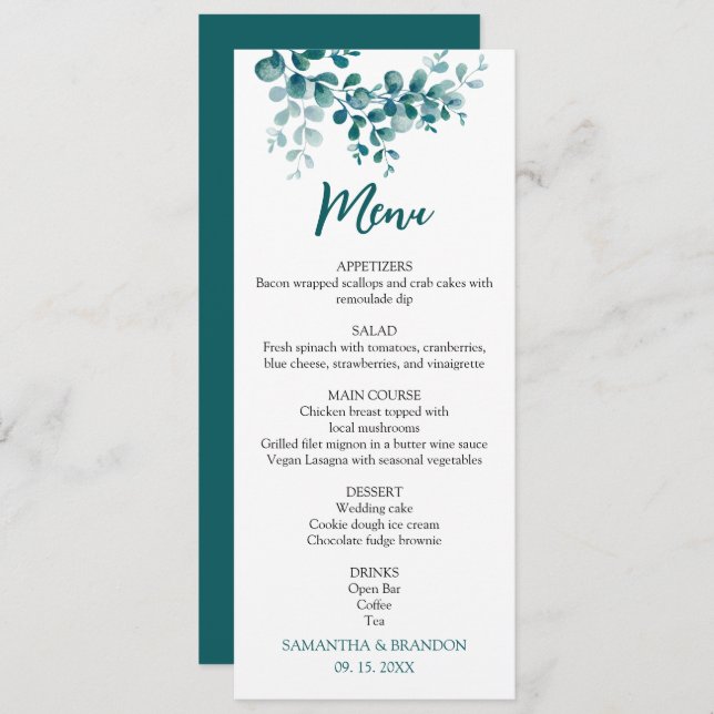 Menu Casamento minimalista de eucalipto verde (Frente/Verso)