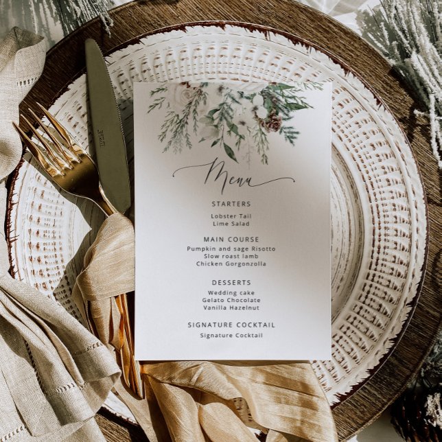Menu Casamento minimalista de inverno evergreen (Criador carregado)