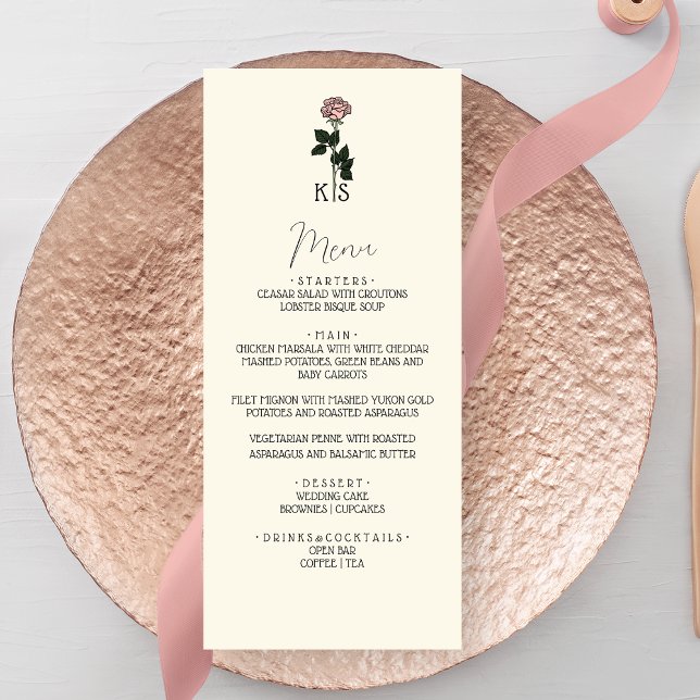 Menu Casamento Minimalista de Rosa Rosa Rosa Monograma (Criador carregado)