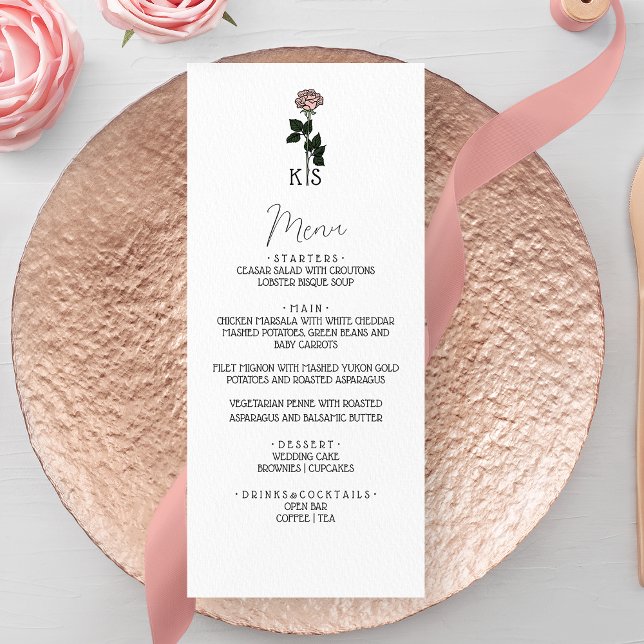 Menu Casamento Minimalista de Rosa Rosa Rosa Monograma (Criador carregado)