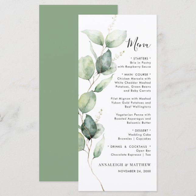 Menu Casamento Minimalista Eucalyptus Greenery (Frente/Verso)