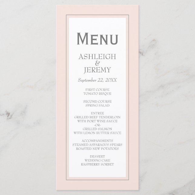 Menu Casamento Minimalista Moderno Rosa Bege Cinza (Frente)