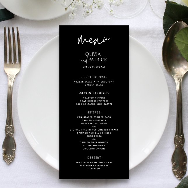 Menu Casamento Minimalista Moderno Simples Preto e Bran (Black and white minimalist wedding menu showcases your dishes with clean, modern elegance.)