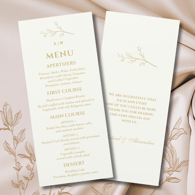 Menu Casamento Minimalista Monograma de Marfim Botânico (Criador carregado)