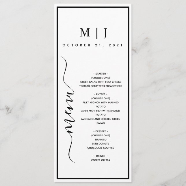 Menu Casamento Minimalista Negro e Branco (Frente)