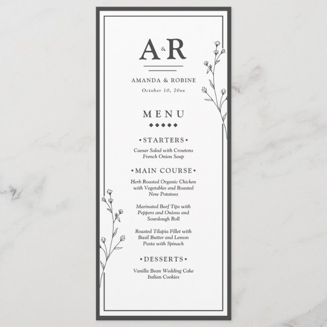 Menu Casamento Minimalista Preto e Branco (Frente)