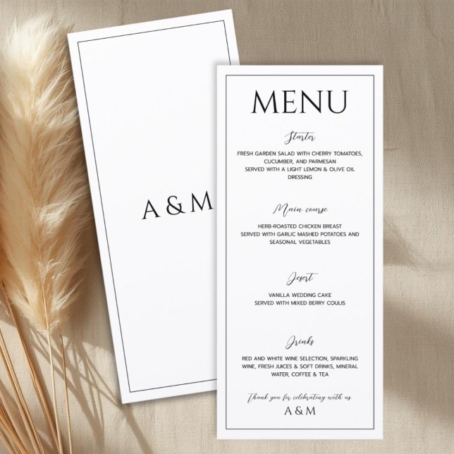 Menu Casamento minimalista preto e branco moderno (Criador carregado)