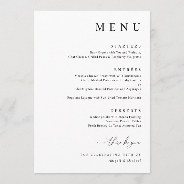 Menu Casamento Minimalista Preto e Branco Moderno (Frente)