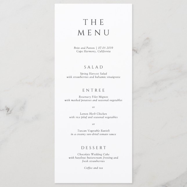 Menu Casamento Minimalista Preto e Branco Moderno (Frente)