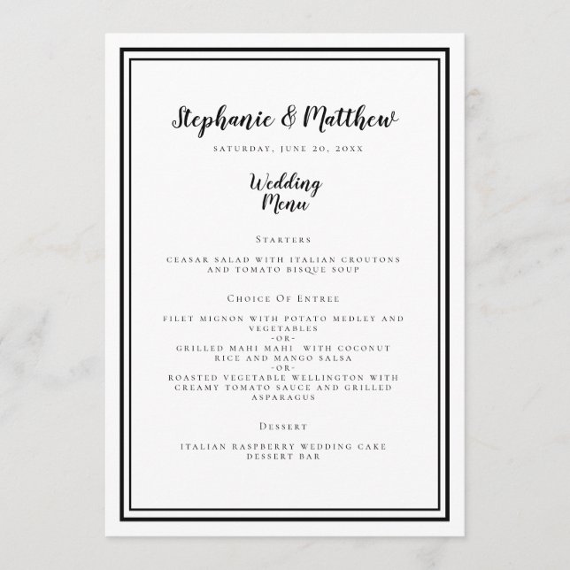 Menu Casamento Minimalista Simples Moderno Preto e Bran (Frente)