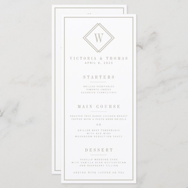 Menu Casamento Mínimo Branco/Beige Duplo Lado (Frente/Verso)