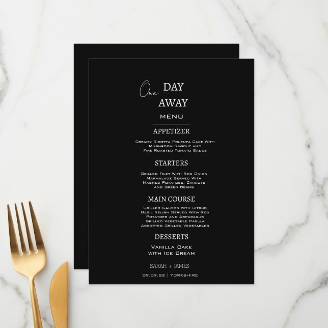 Menu Casamento Mínimo Branco e Negro Um Dia Longe (Frente/Verso In Situ)