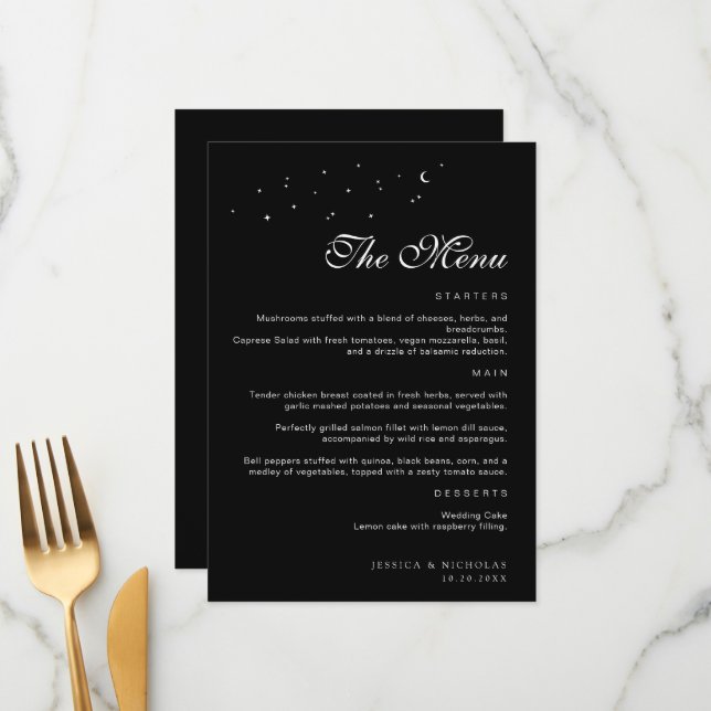 Menu Casamento Mínimo Celestial Negro e Branco Elegante (Frente/Verso In Situ)