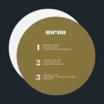 Menu Casamento Mínimo de Círculo Verde Oleícola Moderno<br><div class="desc">Este design de cardápio de casamento contemporâneo mostra os cursos da sua refeição de casamento em simples fontes e um design elegante e limpo. Este cardápio do círculo verde-oliva destaca-se certamente da multidão. Tipografia moderna para um casamento moderno. Todos os elementos são personalizáveis - texto, fundo e cores. Edite os...</div>