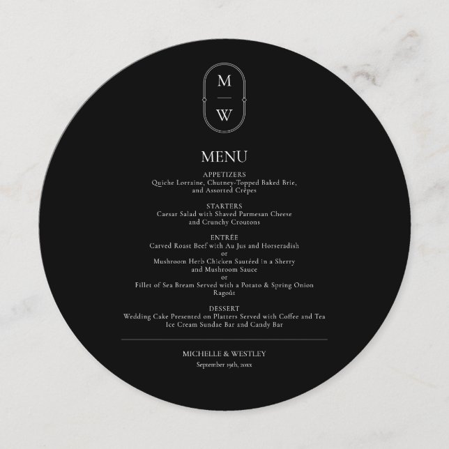 Menu Casamento Mínimo de Monograma Preto e Branco (Frente)