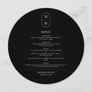 Menu Casamento Mínimo de Monograma Preto e Branco
